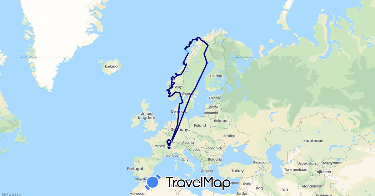 TravelMap itinerary: driving, cycling, boat in Switzerland, Germany, Denmark, Finland, Norway, Sweden (Europe)