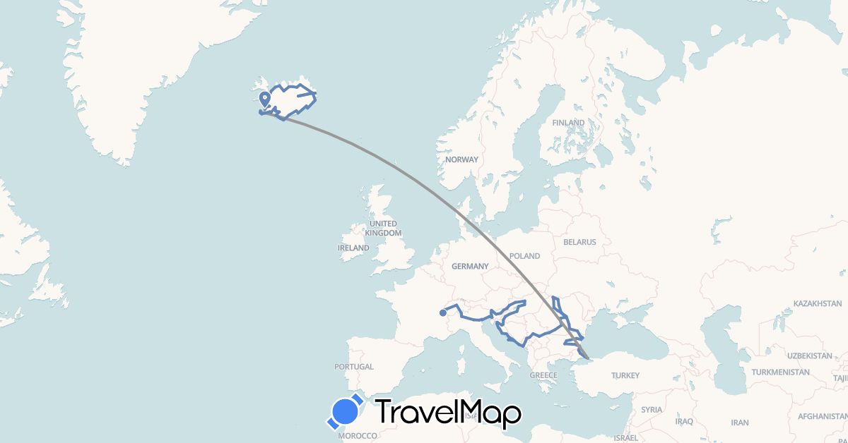 TravelMap itinerary: driving, plane, cycling in Bulgaria, Switzerland, Croatia, Hungary, Iceland, Italy, Montenegro, Romania, Serbia, Slovenia, Turkey (Asia, Europe)