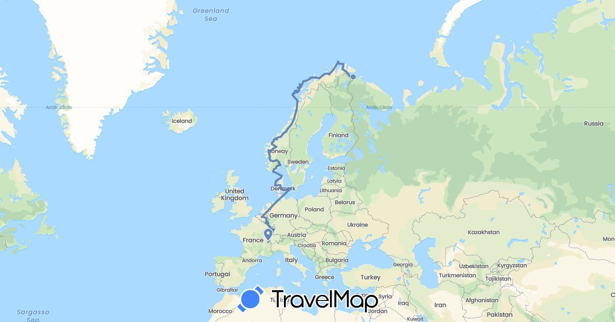 TravelMap itinerary: driving, cycling in Belgium, Switzerland, Denmark, France, Luxembourg, Norway (Europe)